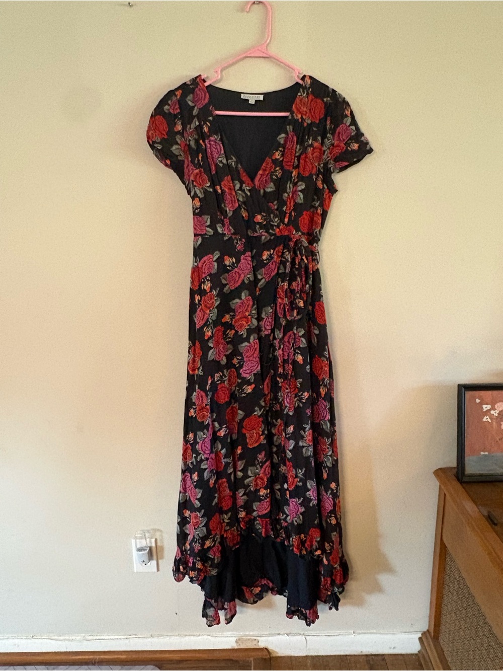 Patrons of Peace Black Floral Wrap Maxi Dress with Red & Pink Roses